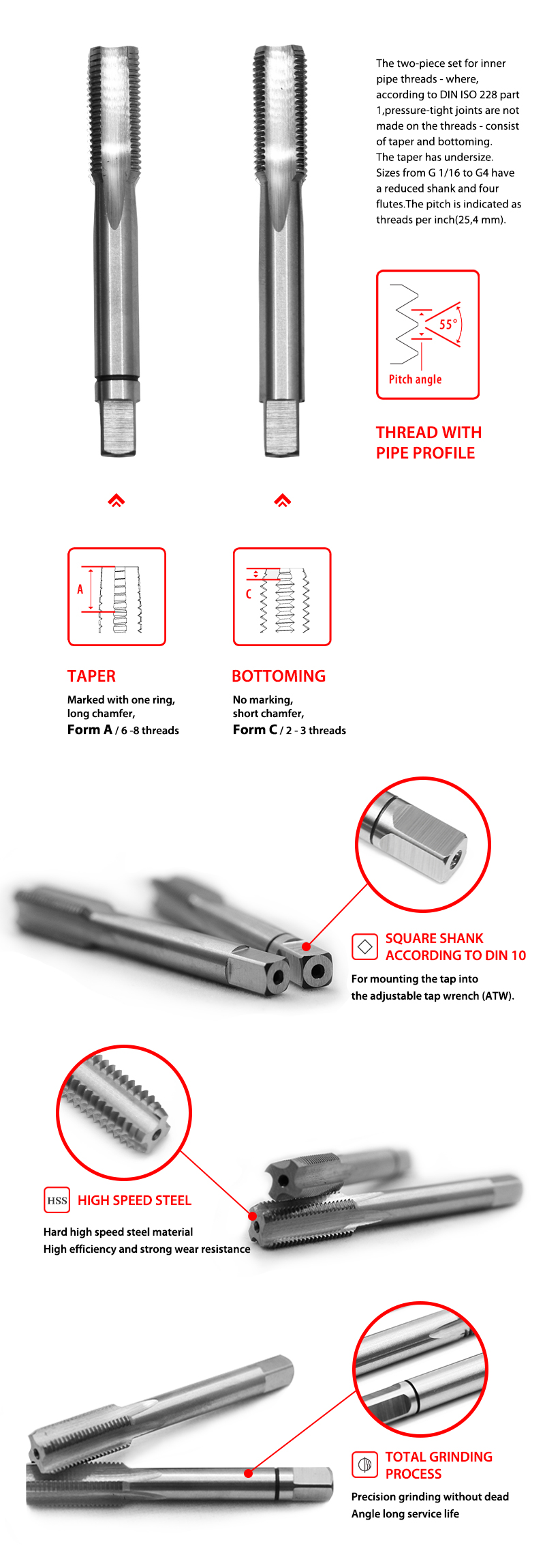 DIN5157 BSP Hand Tap, G 1/8  G 3/8  G 1/4 2pcs HSS-G